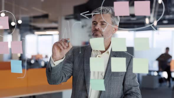 Senior Business Man Brainstorming New Project Solving Strategy on Glass Board