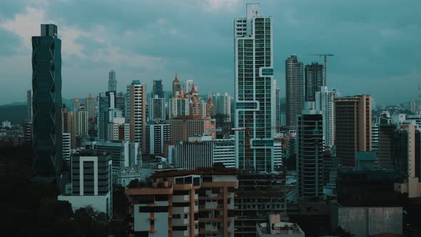 Beautiful Big City Skyline Sunrise Or Sunset With Orange Sky Aerial Footage Panama City