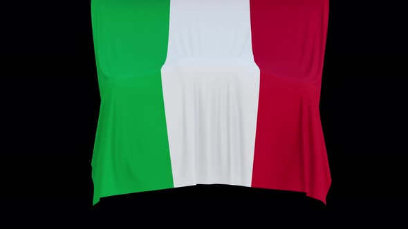 The piece of cloth falls with the flag of the State of Italy to cover the product