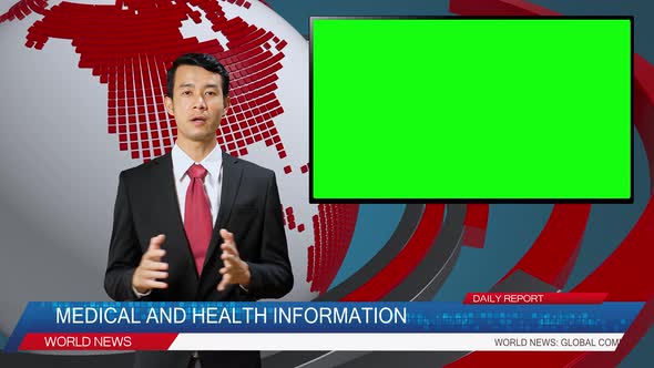 Live News Studio With Asian Male Anchor Reporting On Medical And Health, TV Green Chroma Key Screen