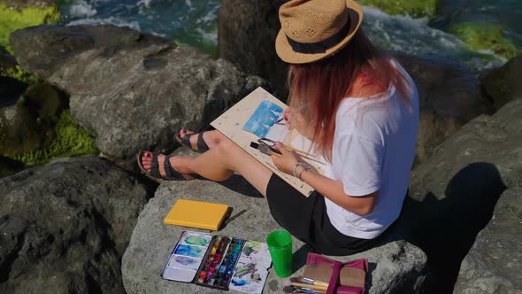 Plein Air Artist Painting Watercolor Sea Piece