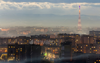 Panorama of night aerial view of Ivano-Frankivsk city, Ukraine. Scene of modern night city with