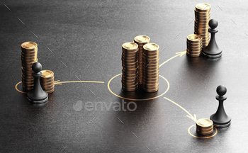 stration of generic golden coins and pawns over black background.
