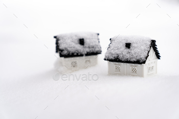 Two 3D model house on snow natural background for winter season