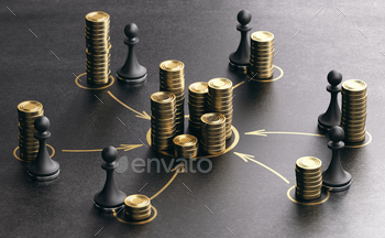  illustration of generic golden coins and pawns over black background.