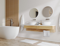 modern bathroom with wooden details and white wall, bathtub and double sink with cabinets, towels - PhotoDune Item for Sale