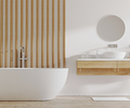 White and light wood bathroom interior with bathtub and sink with cabinets, round mirror - PhotoDune Item for Sale