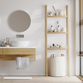home bathroom interior with sink on wooden cabinet with bath toothbrushes, round mirror - PhotoDune Item for Sale