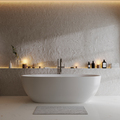 luxury bathroom interior with bathtub and decorative plaster wall, shelf with decoration - PhotoDune Item for Sale
