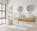 Modern apartment bathroom interior with two sinks, wooden cabinets and ladder, towels and window - PhotoDune Item for Sale