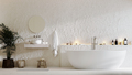 Modern bathroom interior mock up with bathtub, sink and mirror, towels and bath accessories - PhotoDune Item for Sale