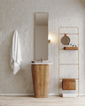 bathroom interior with decorative plaster wall, wooden furniture, mirror with sink - PhotoDune Item for Sale