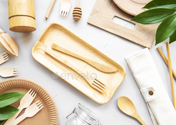 nd bamboo tableware on white background