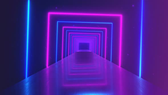 Flying Through Glowing Rotating Neon Squares Creating a Tunnel