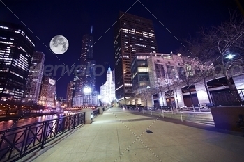 Night. Beautiful Colorful Wide Angle Photography. Large Moon on the Sky. Chicago, Illinois, USA.