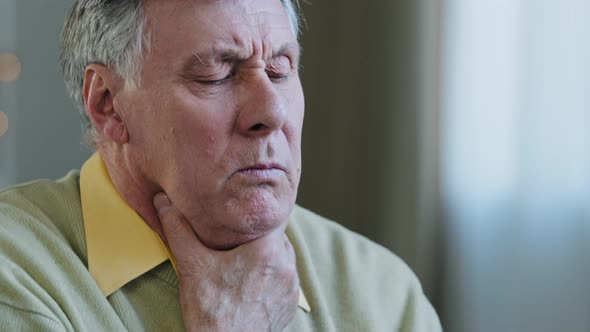 Close Up Portrait of Sick Mature Elderly Man Coughing Sad Old Grandfather Having Painful Feeling in
