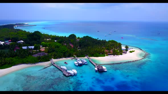 Aerial drone view landscape of perfect lagoon beach time by blue green sea with white sand backgroun