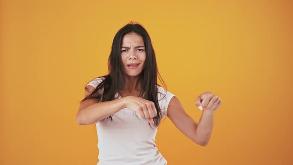 Female Dancing Smiling Singing and Pointing at you By Forefingers
