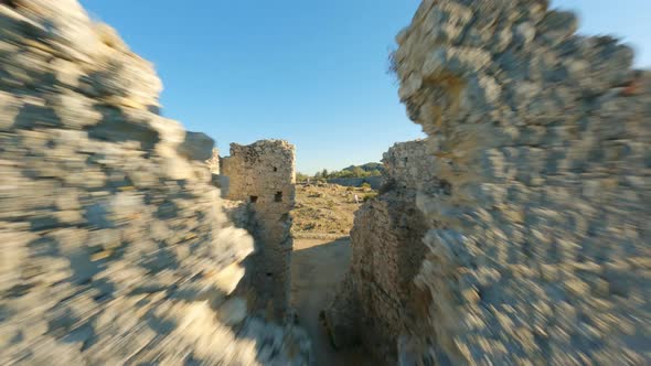 Drone Over Ruined Gardiki Castle With Tourists In Corfu