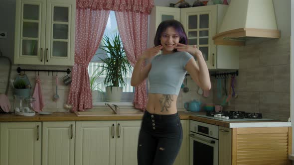 Young Beautiful Woman Dancing Kitchen At Home
