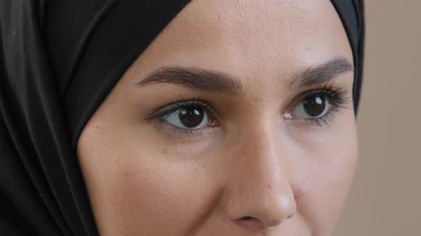 Extreme Close Up Female Eyes Arabian Saudi Islamic Woman Model Face with Perfect Skin Natural Makeup