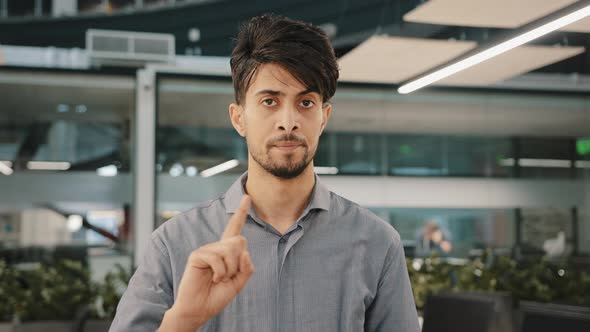 Male Portrait Arab Businessman Leader Company Stand in Office Hall Shaking Head Waving Index Finger