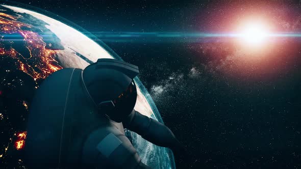 Realistic Cosmonaut in Outer Space Spinning Earth alt