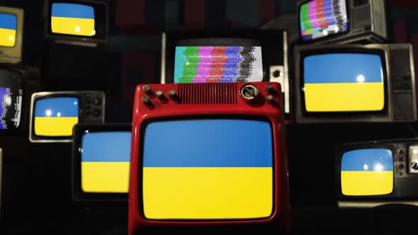 Flag of Ukraine on Retro TVs.