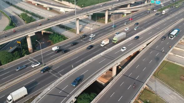 Aerial view of highway traffic flow in the city of jakarta.