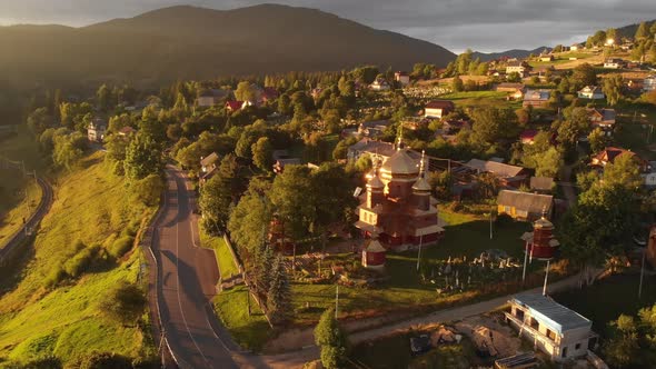 Aerial View of the Vorokhta Town in Carpathian Mountains at Sunset Ukraine