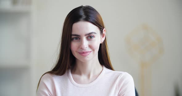 Portrait of Beautiful Young Girl with Long Hair, Millennial Women with Cute Benevolent Smiling Face