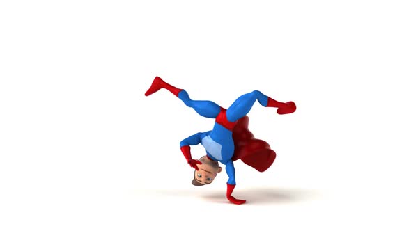 Fun 3D cartoon superhero doing breakdance