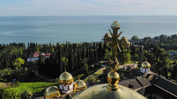 Beautiful Orthodox New Athos Monastery with Golden Domes in the New Athos