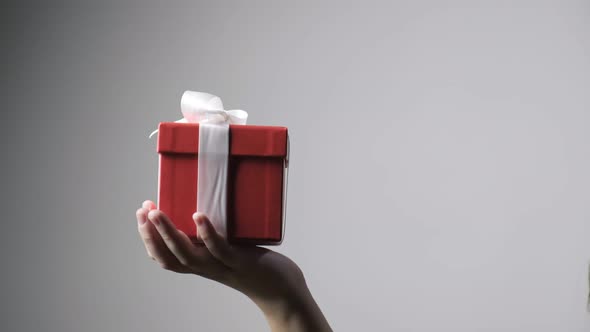 Child's Hand Holds Red Gift with Ribbon