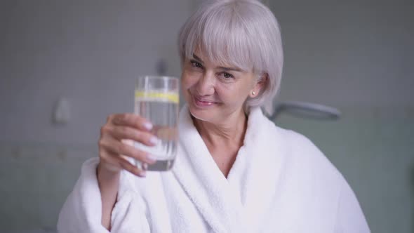 Portrait of Confident Middle Aged Greyhaired Woman Toasting Drinking Detox Lemon Water in Slow