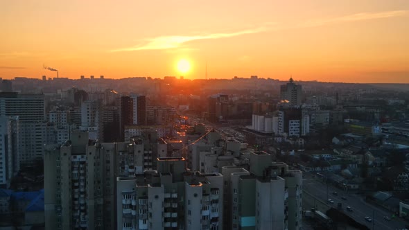Aerial drone view of Chisinau at sunset. Multiple residential buildings