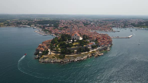 Aerial view of St. Euphemia church in Rovinj old town, Istria, Croatia. Aerial drone footage of the