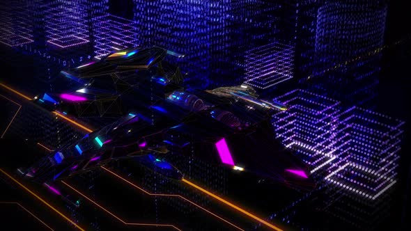 A Futuristic Starship is Flying Through the Data Particles of the Digital World alt