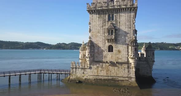 Aerial view of Belem Tower in Lisbon Portugal 4k footage