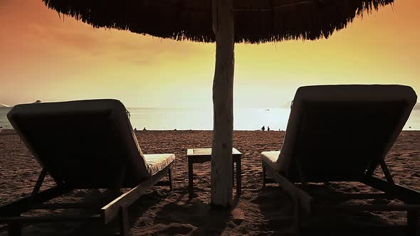 Exotic Beach with Sun Loungers Silhouettes Vietnam