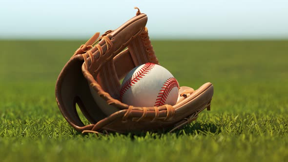 Vintage leather baseball glove with a ball lying down on a fresh stadium grass.