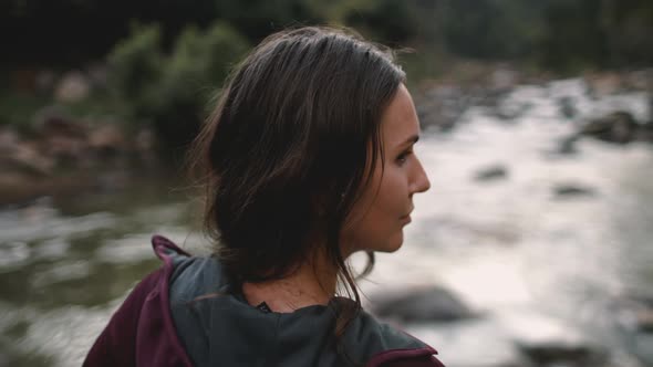 Closeup Woman Portrait River Rocks Thresholds