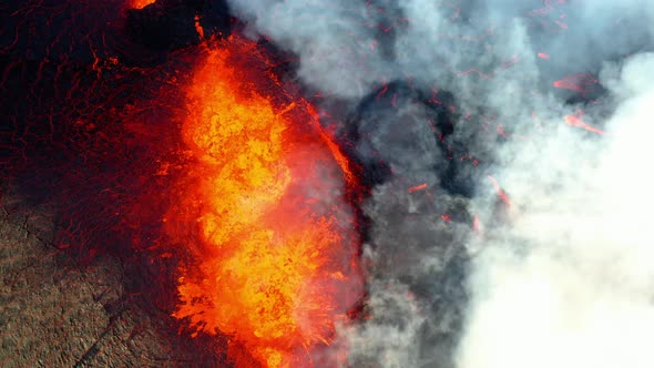 Boiling Lava Of Fagradalsfjall Volcano During Eruption In Iceland - drone shot