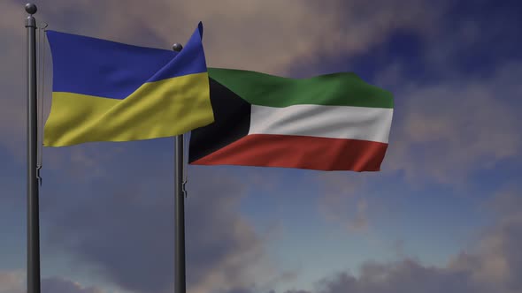 Kuwait Flag Waving Along With The National Flag Of The Ukraine - 4K