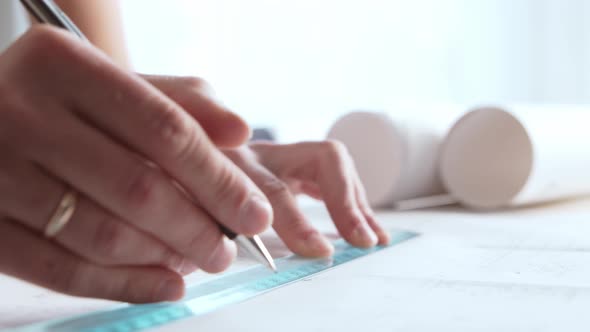 Close-up of an architect's hands. Professional real estate designer