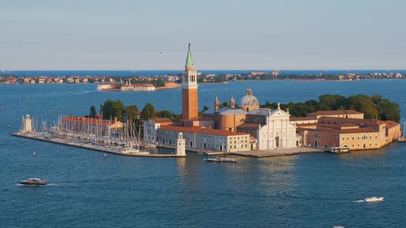 Aerial View of Venice Lagoon with Boats and San Giorgio Di Maggiore Church. Venice, Italy