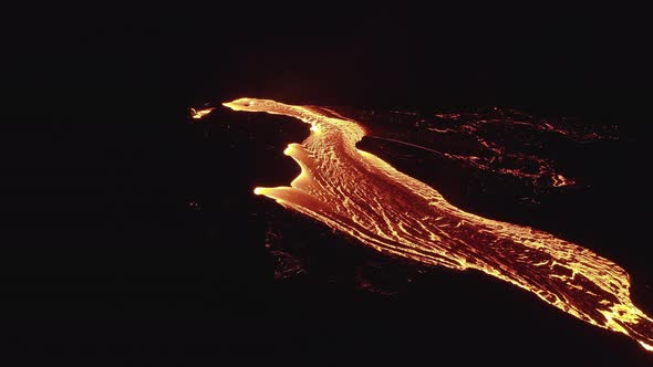 Drone Over Moving River Of Molten Lava From Erupting Volcano