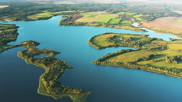 Aerial View Of Lakes Rivers Island And Green Countryside Landscape