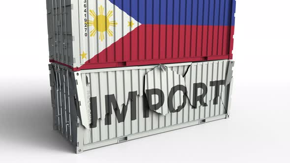 Container with IMPORT Text Crashed By Container with Flag of Philippines alt