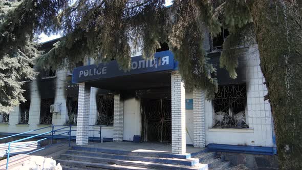 War in Ukraine  Burned Police Station in Borodyanka